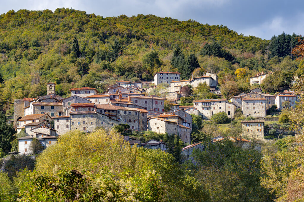 Raggiolo's stone houses among autumn chestnut woods in the Casentino