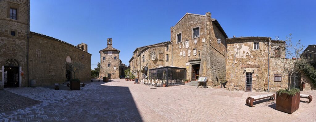 Sovana's main square with the church of Santa Maria and the medieval town hall