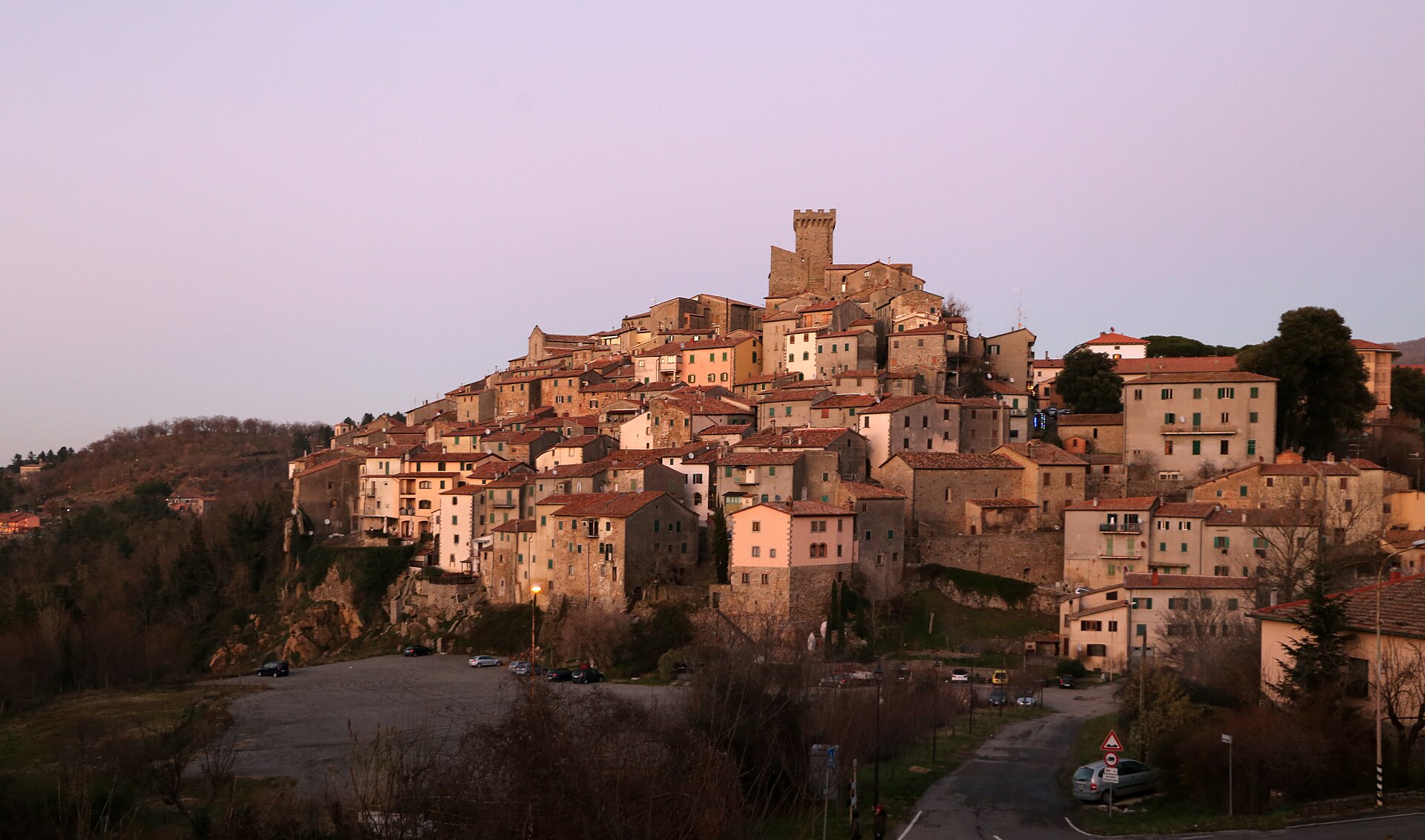 Arcidosso and its castle catching the evening light, seen from Santa Maria delle Grazie