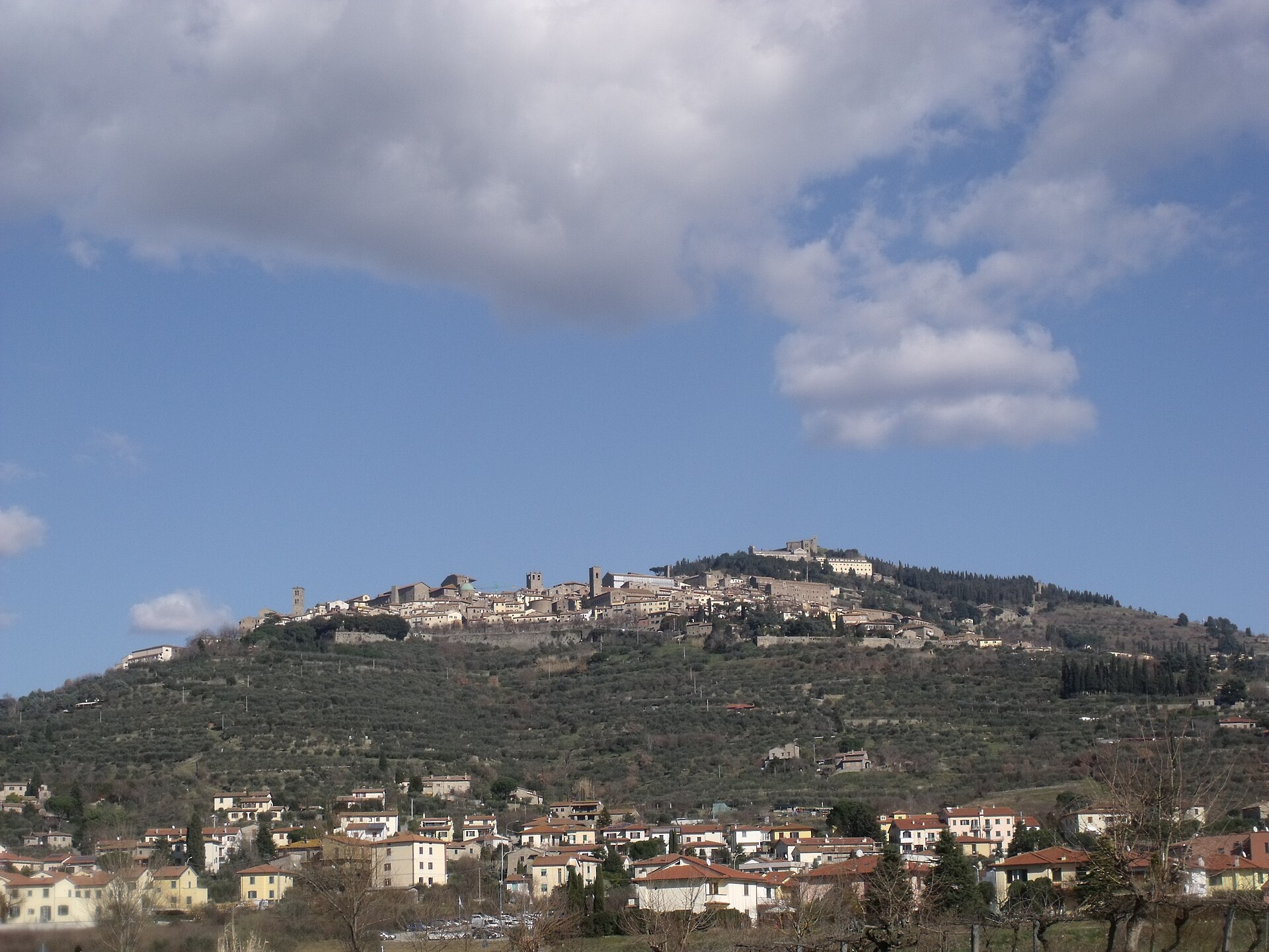 Cortona on its hillside above the olive groves and farmland of the Valdichiana