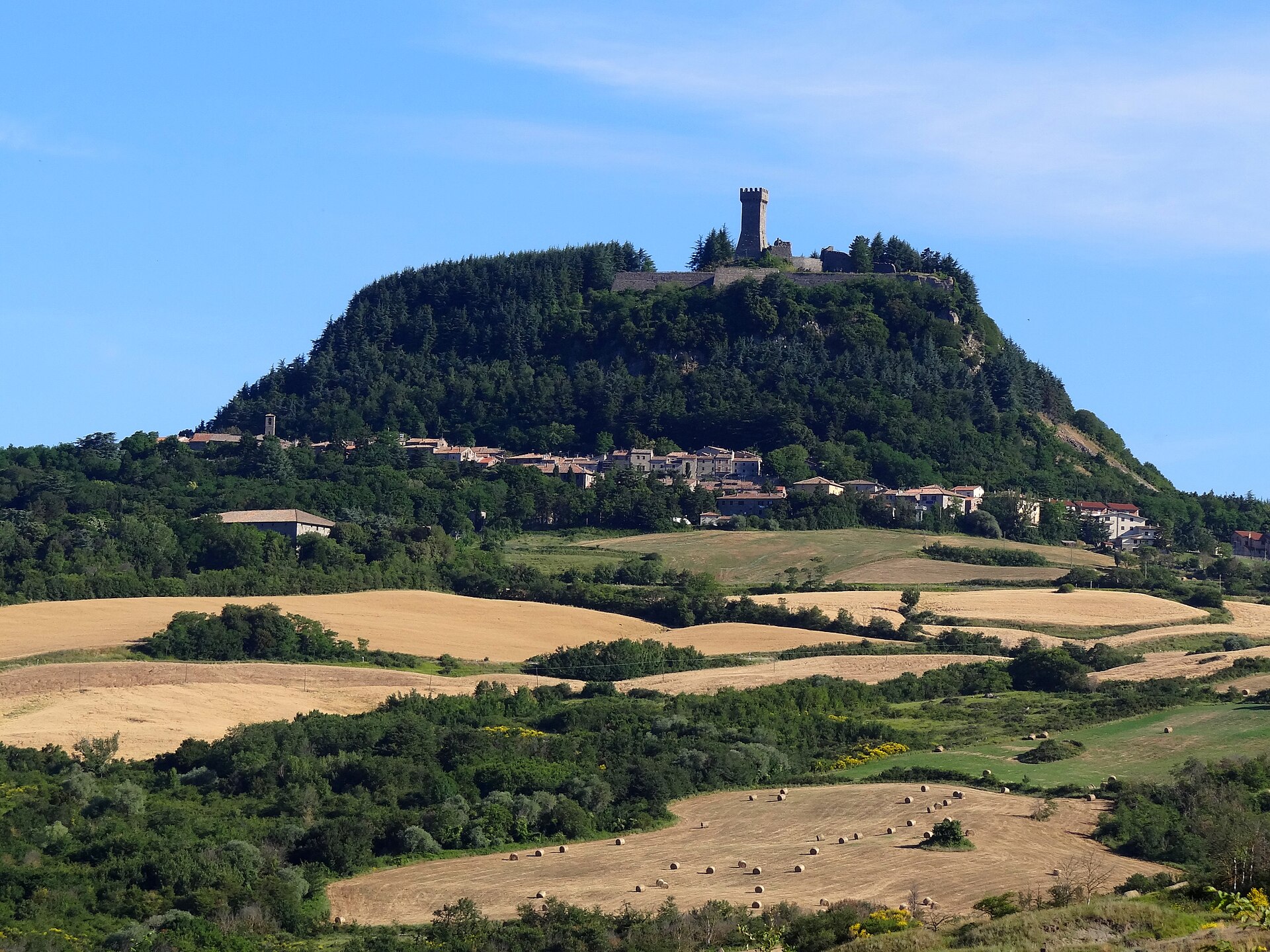 Radicofani and its fortress on a wooded volcanic hill above golden fields, seen from the Via Francigena