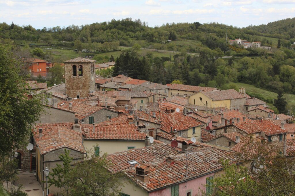 Montieri's stone houses and rooftops on the slopes of the Colline Metallifere