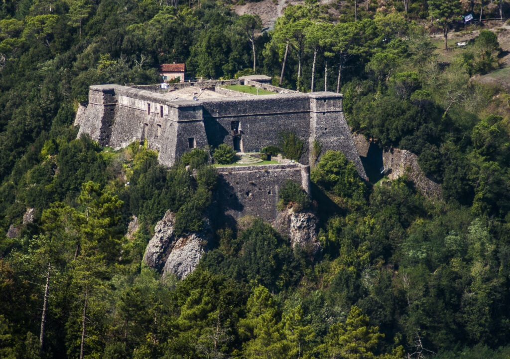 The Fortezza della Brunella above Aulla, surrounded by woodland
