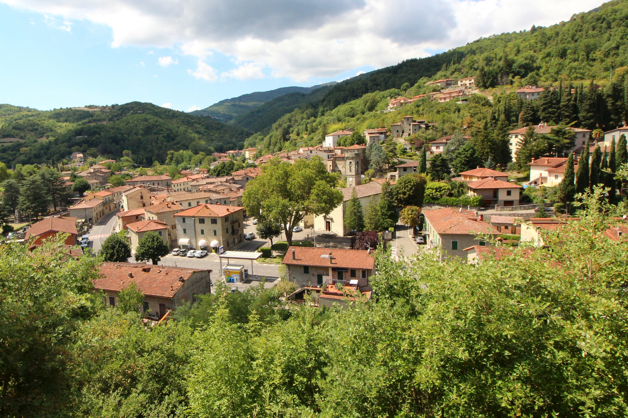 The village of Talla on a green hillside in the Casentino