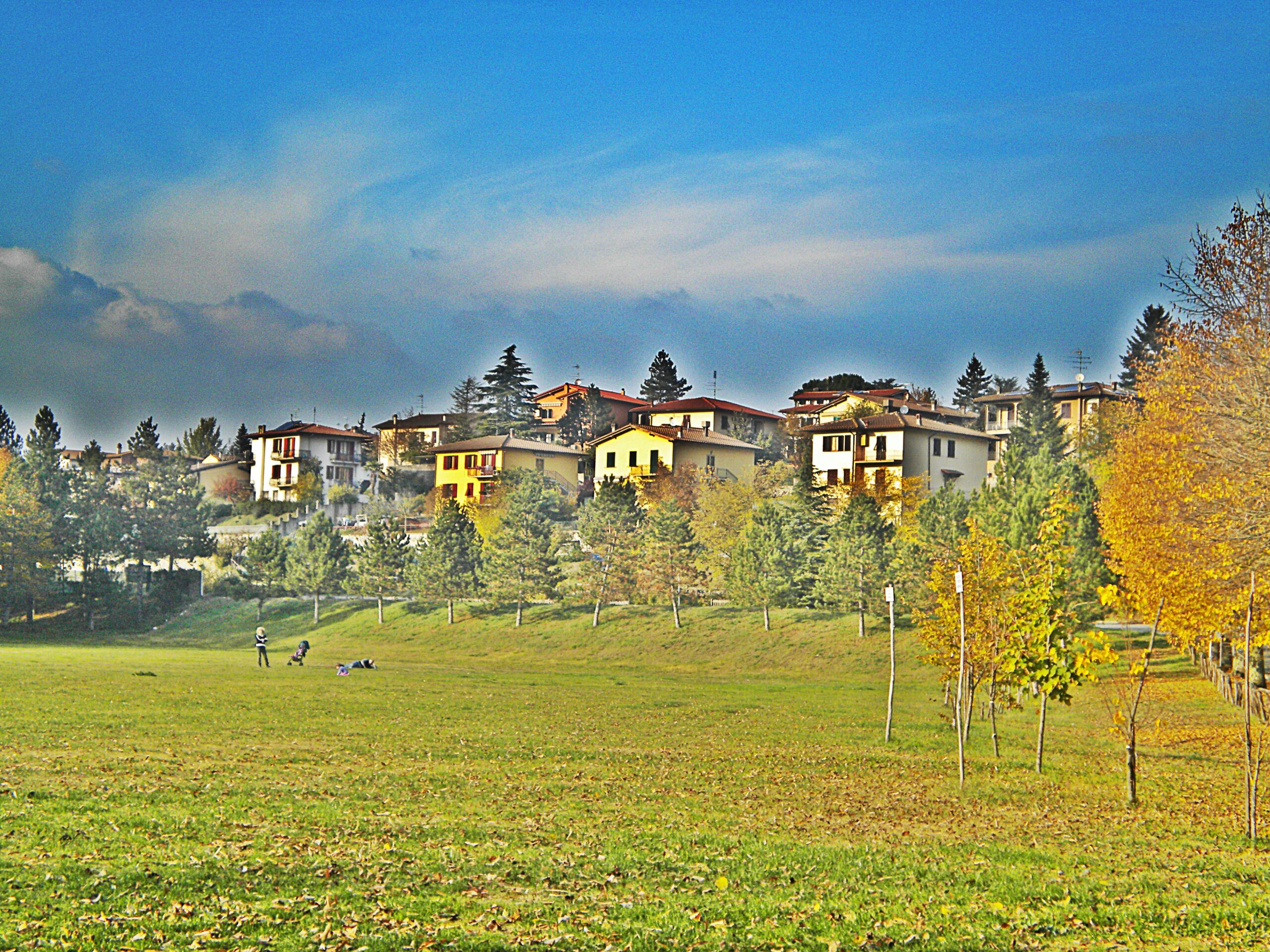 Vicchio in the Mugello, its houses on the ridge above autumn-coloured trees and a green meadow